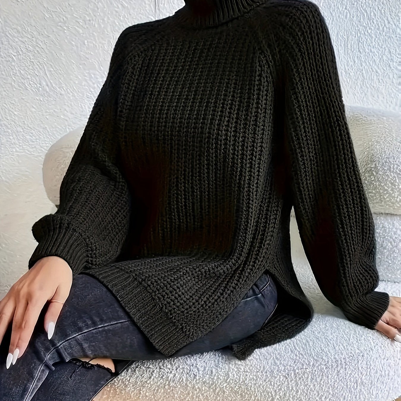 Suéter de cuello alto de color sólido para mujer talla grande con manga raglán para otoño e invierno