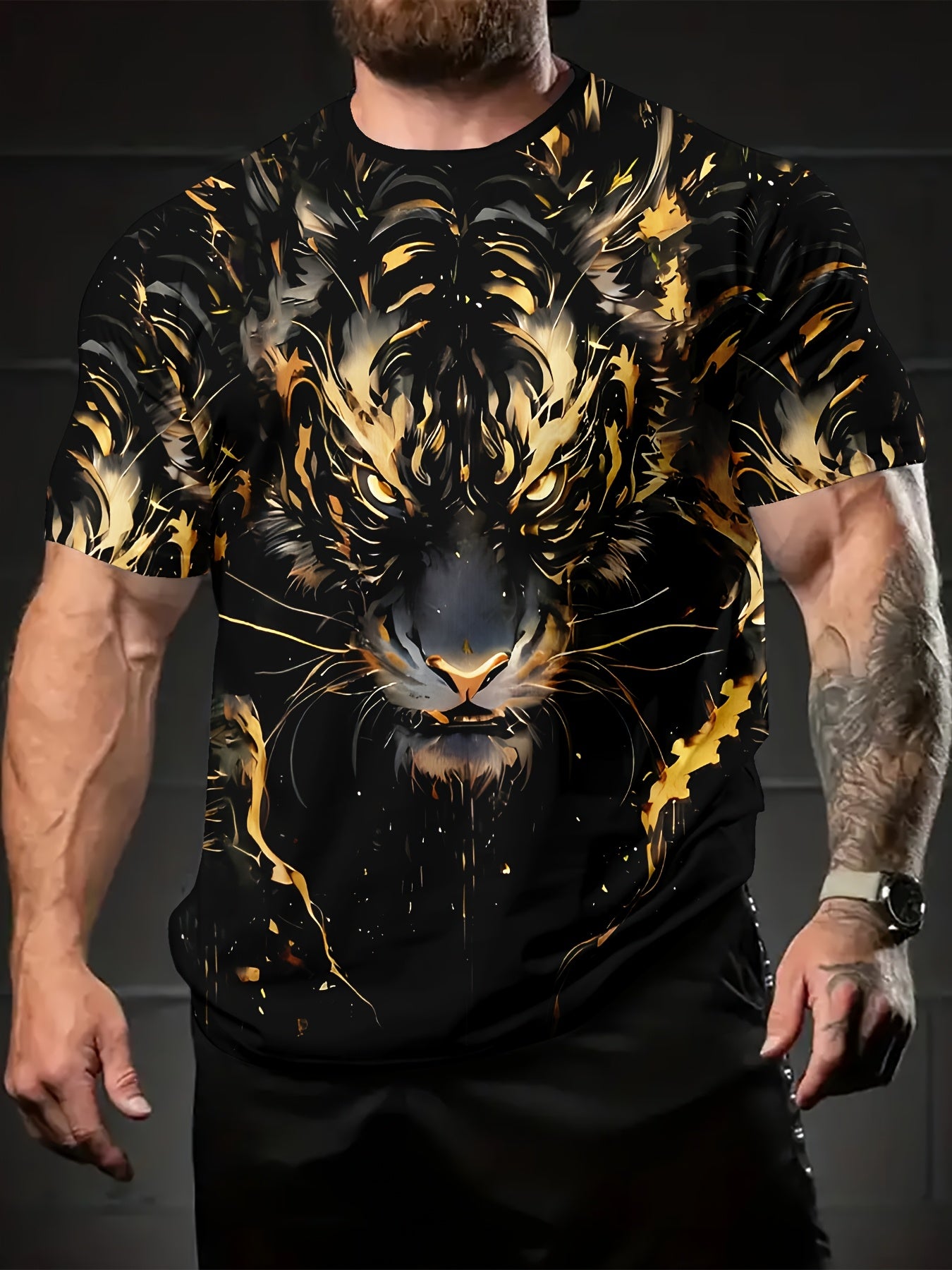 Camiseta casual para hombre con estampado de tigre de aceite negro y dorado, punto de poliéster, manga corta, verano