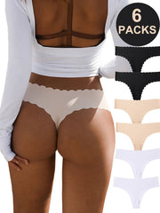 Seamless Scallop Trim Thongs for Women 6 Pack Soft Stretchy Solid Color