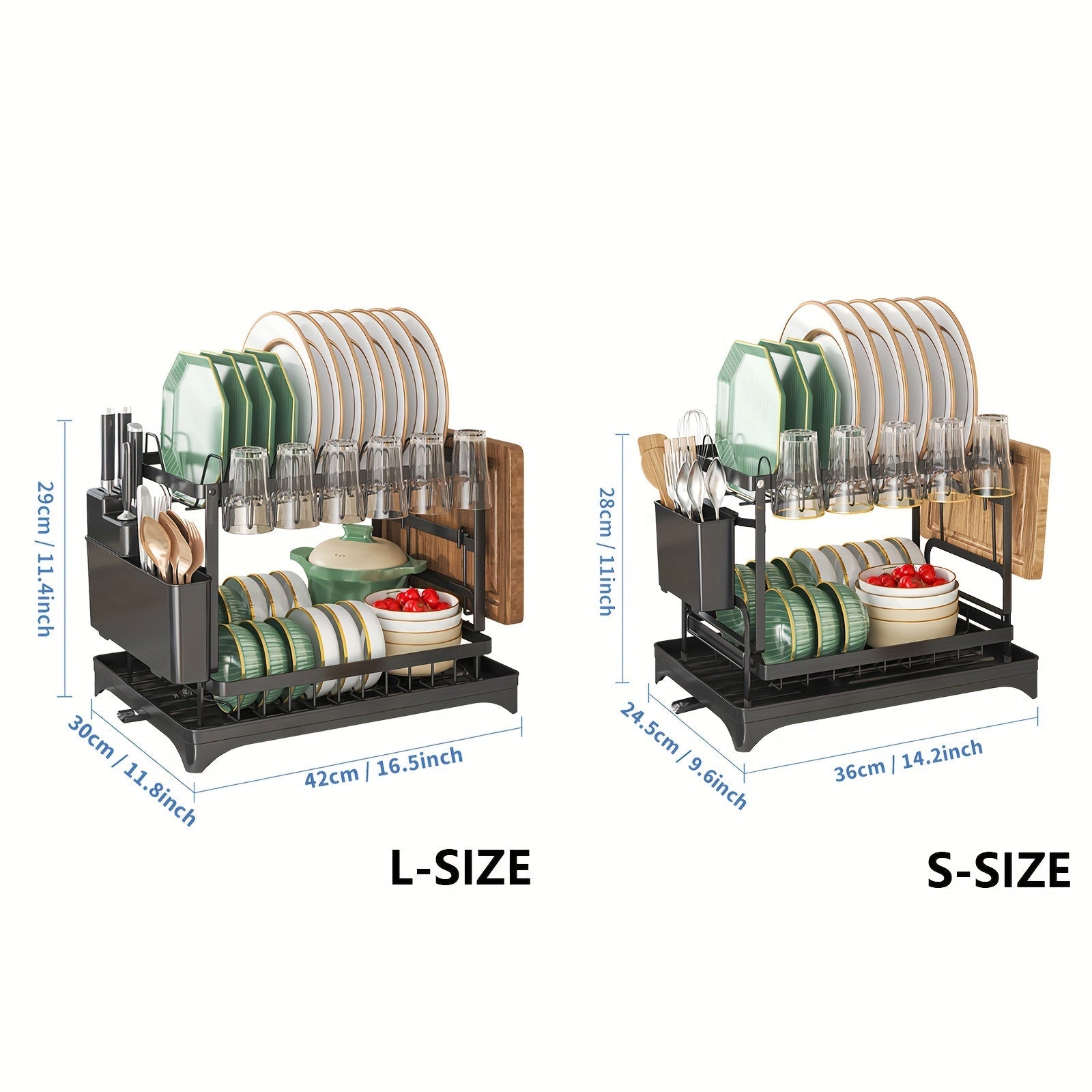 Estante para secar platos de cocina de 2 niveles resistente a la oxidación con bandeja de drenaje y soporte para utensilios