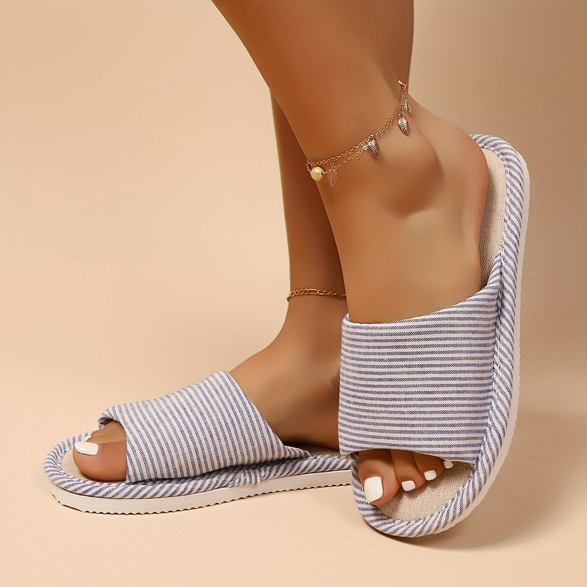 Women's Striped Slip-On Slippers Breathable Fabric Indoor Outdoor Shoes