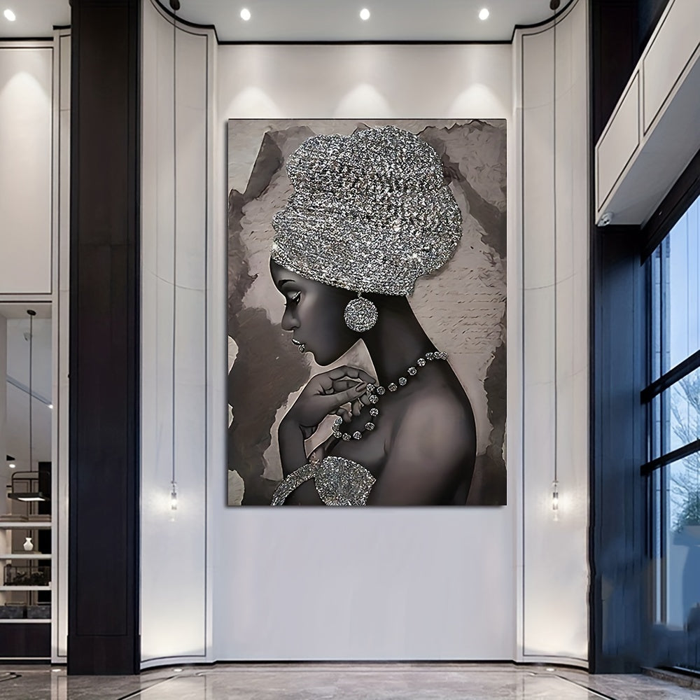 Abstract Canvas Wall Art Featuring Silvery Glitter Embroidered African Woman 40x60cm or 50x75cm