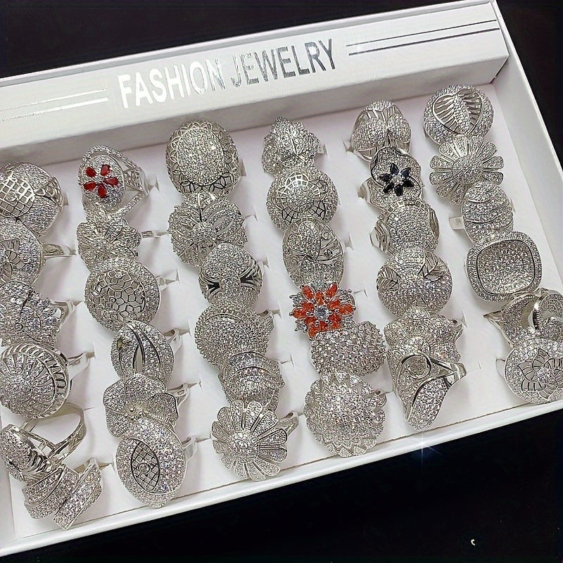 Set of 10 Women's Synthetic Zirconia Inlaid Copper Rings Elegant High-End Style for Weddings Parties and Daily Wear