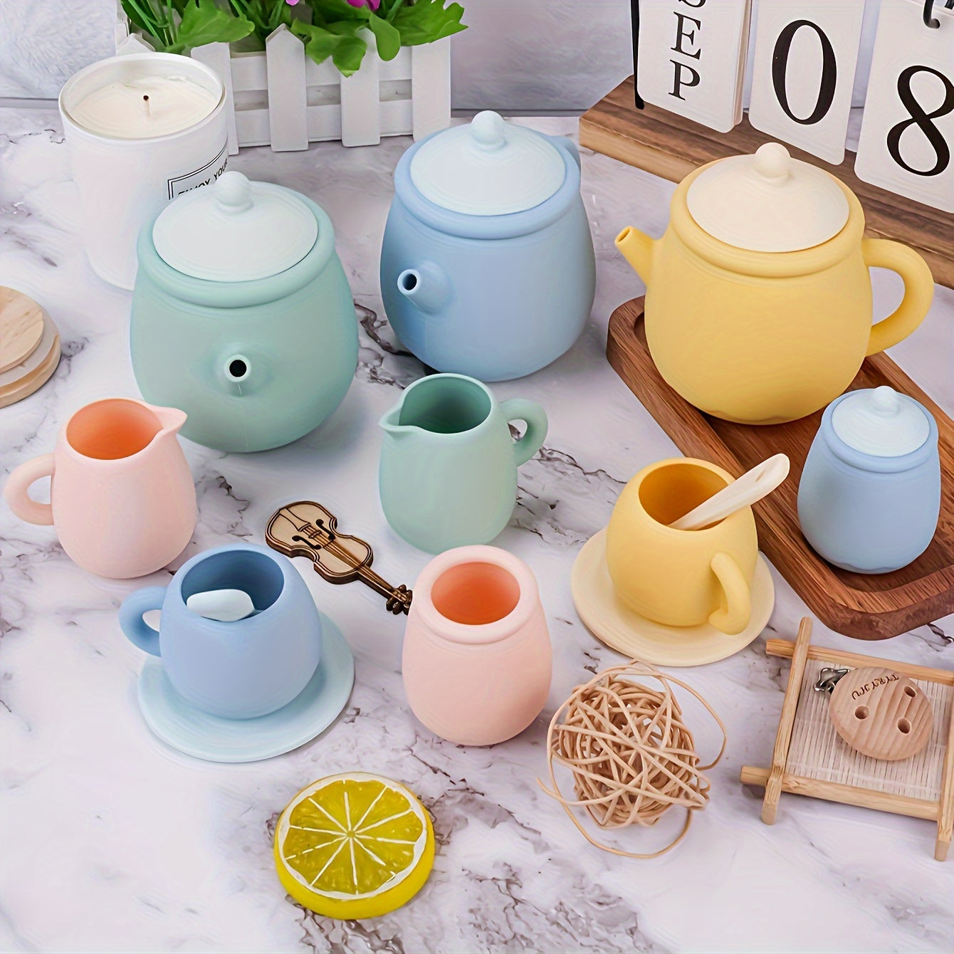 Kids' Silicone Tea Set for Kids Non-Toxic Safe Play Kitchen Toy in Pink Green Blue Yellow