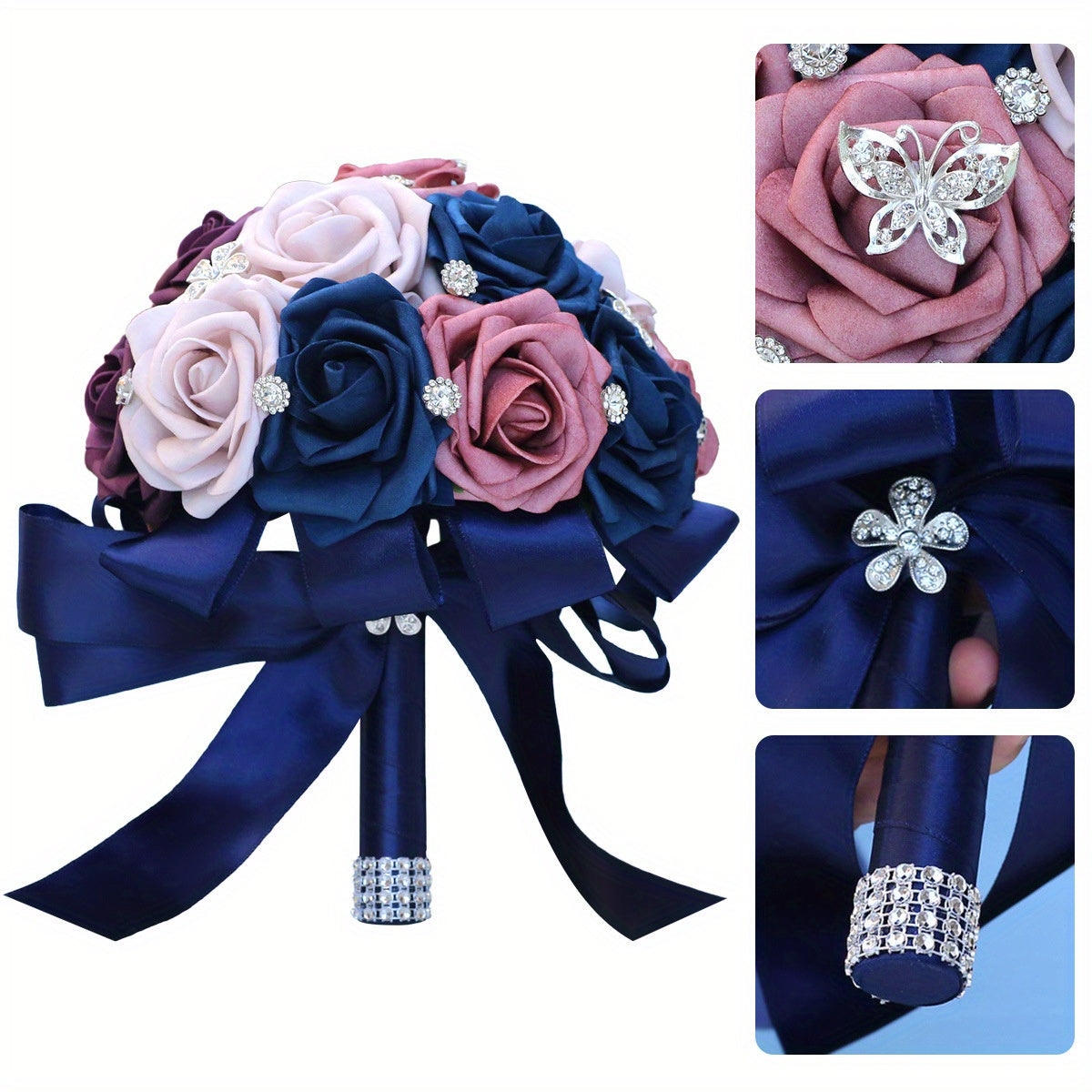 Handcrafted Bridal Bouquet Satin Flowers Rhinestones Pearls for Weddings and Events