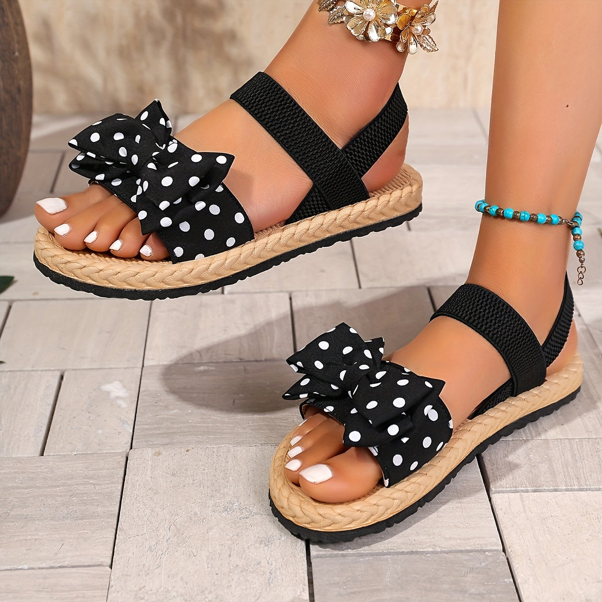 Women's Black Bow Slide Sandals, Rubber Sole, Comfortable Open-Toe