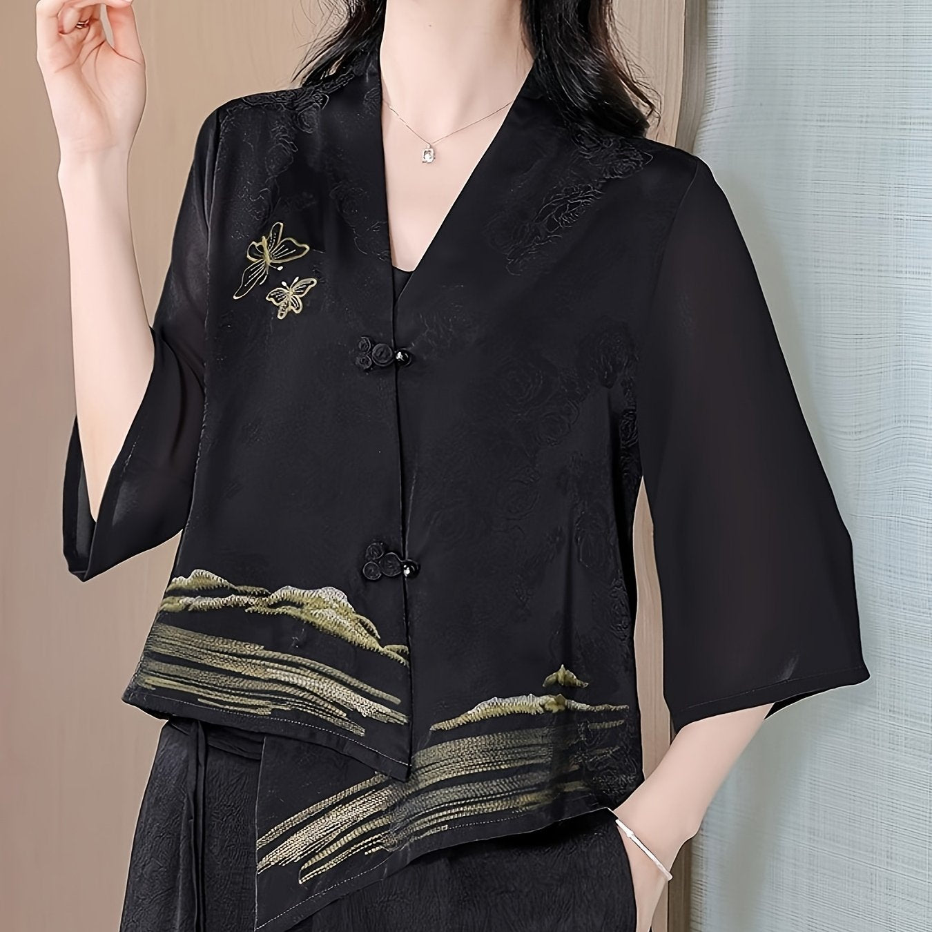 Women's V-Neck Blouse with Asymmetrical Hem Short Sleeve Casual Dressy