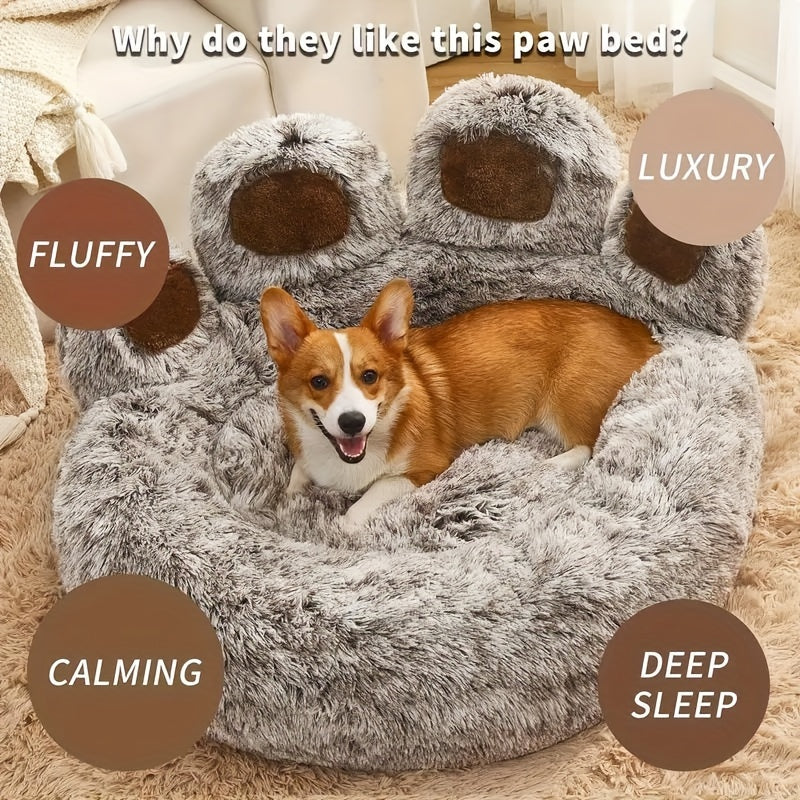 Pet Paw-Shaped Round Dog and Cat Bed Gray Faux Fur Non-Slip Small Medium