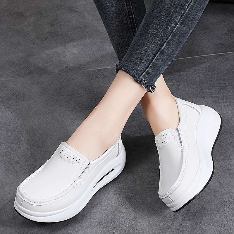 Women's Slip-On Loafers White Chunky Wedges Casual Platform Shoes