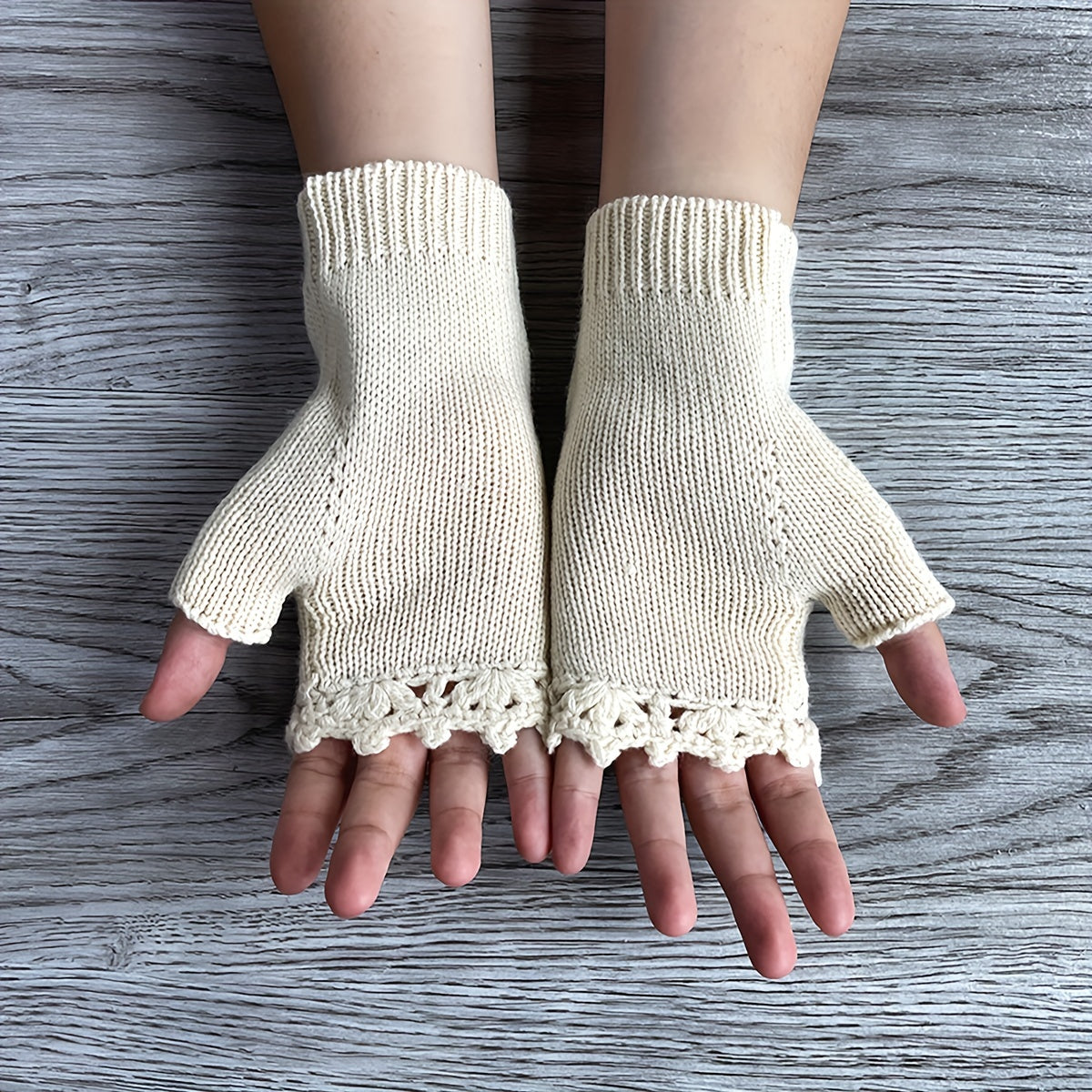 Women's Touchscreen Gloves with Retro Floral Knitted Embroidery and Hook Edge Detail
