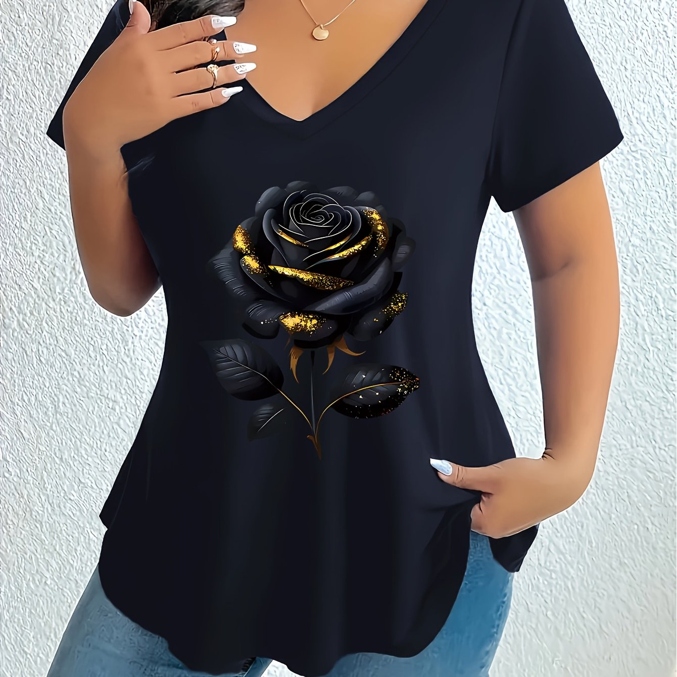 Plus Size Women's V-Neck T-Shirt with Gold Rose and Geometric Print Black Casual Short Sleeve