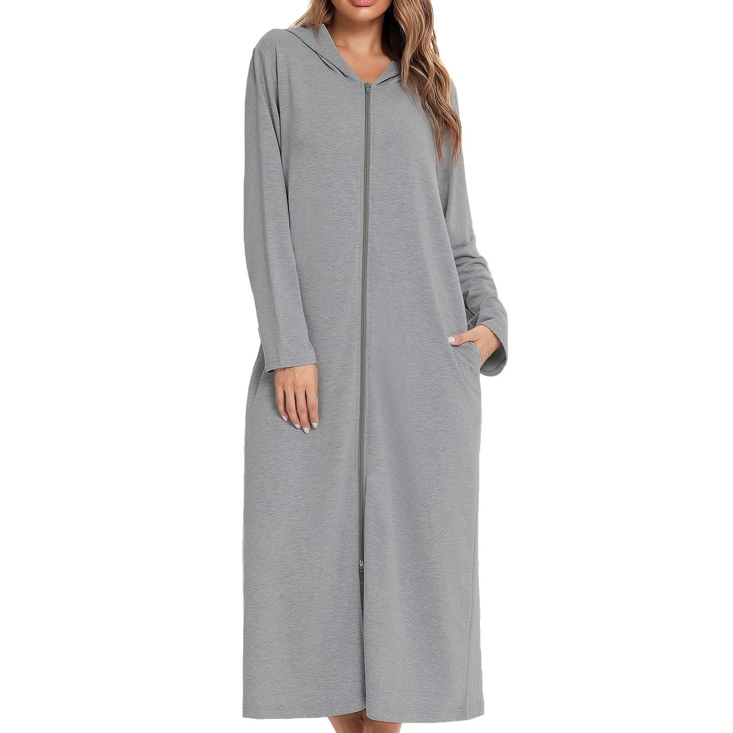 Women's Hooded Zip-Up Lounge Dress Solid Long Sleeve Casual Knit Fabric