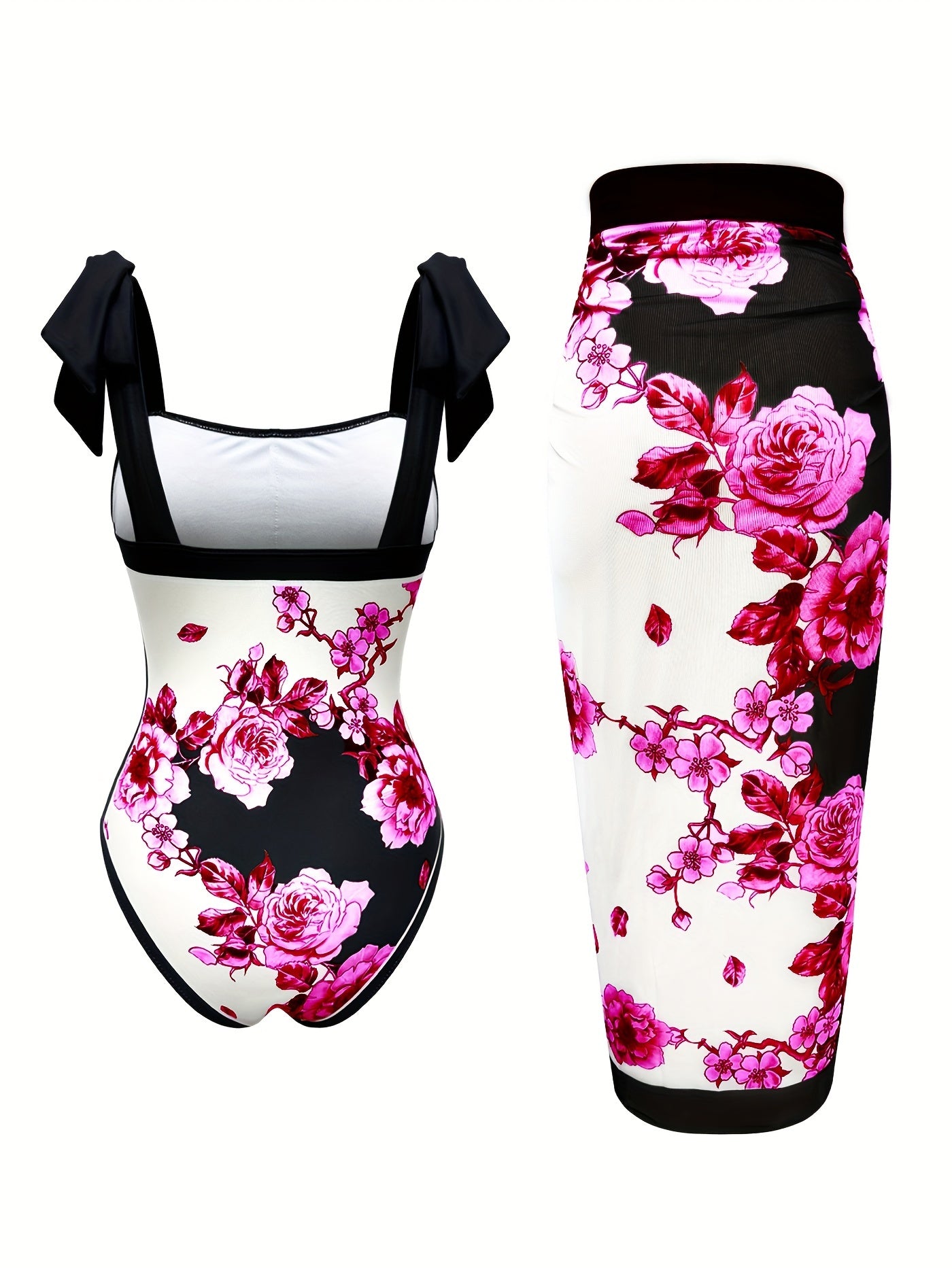Women's Floral Sun Protection One-Piece Swimsuit with Sheer Skirt Polyester Elastane