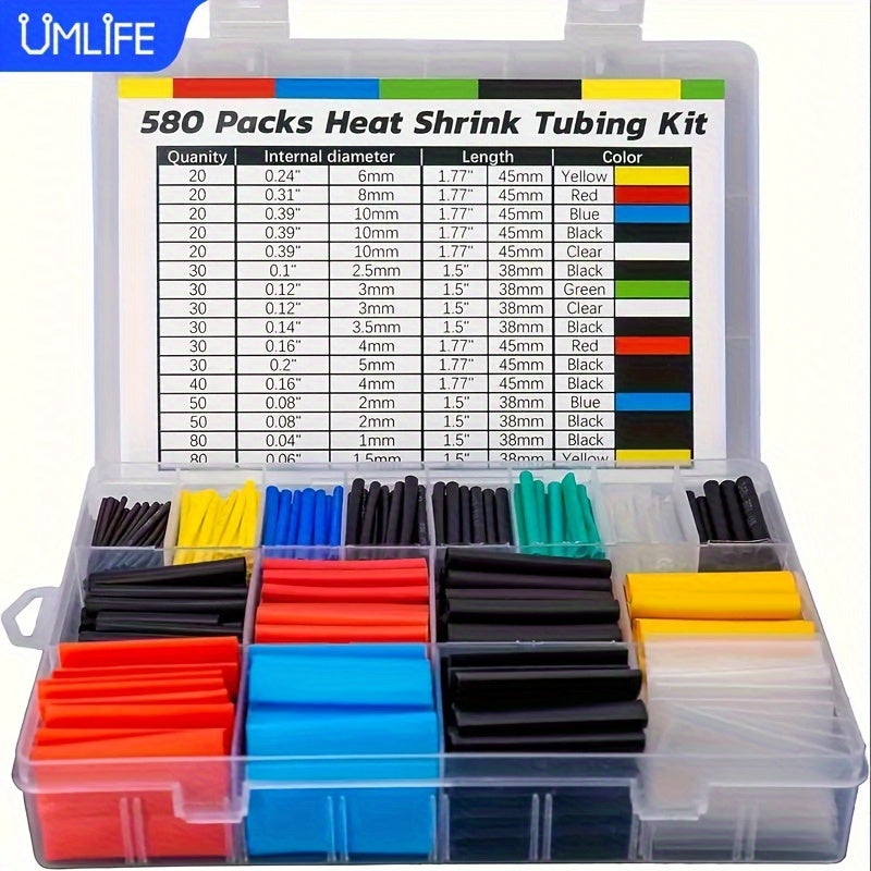 Heat Shrink Cable Sleeve Kit 580pcs 2:1 Polyolefin Insulation Assorted Sizes