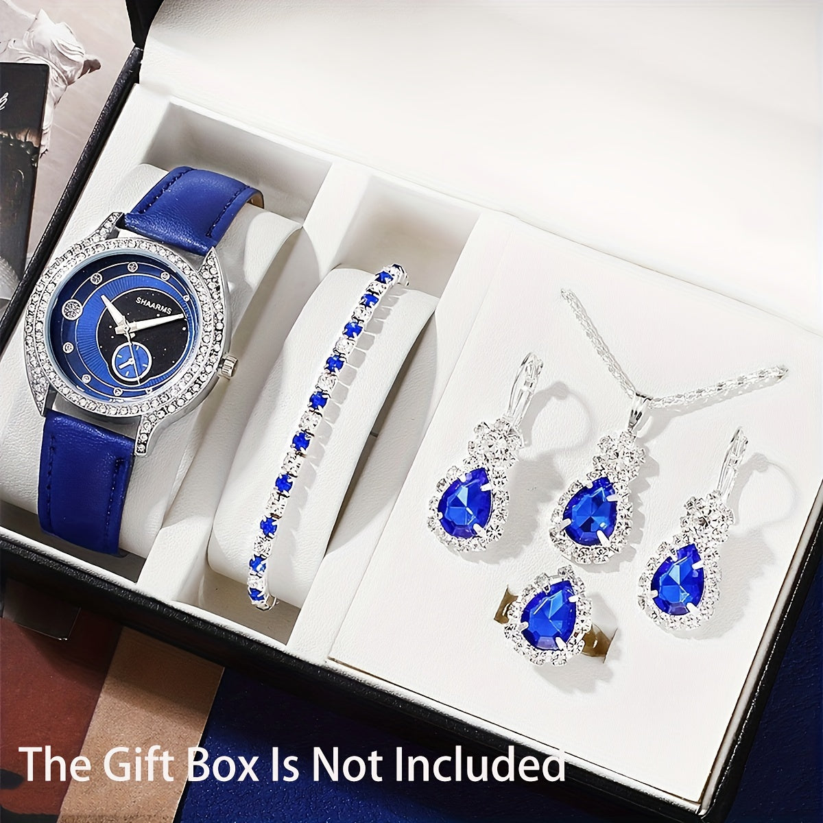 Set of 6 Women's Elegant Quartz Watches and Jewelry with Blue Straps and Crystal Accents
