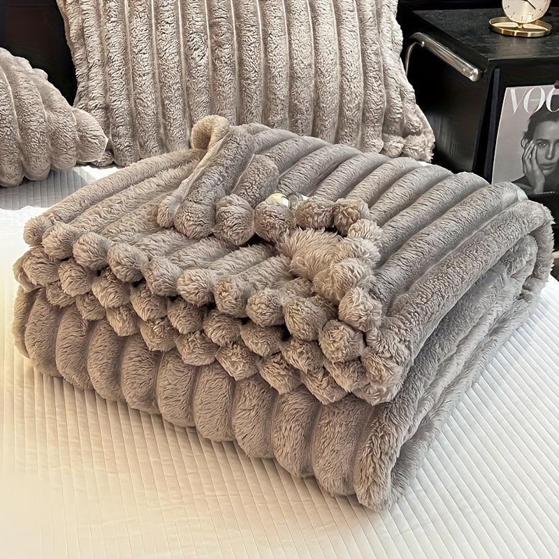 Ultra-Soft Faux Rabbit Fur Throw Blanket with Stripes, Machine Washable, Non-Shedding