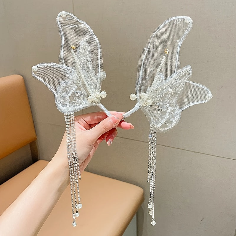 Women's Embroidered Butterfly Wing Hair Clips with Faux Pearl Tassel and Non-Slip Duck-Billed Clamp