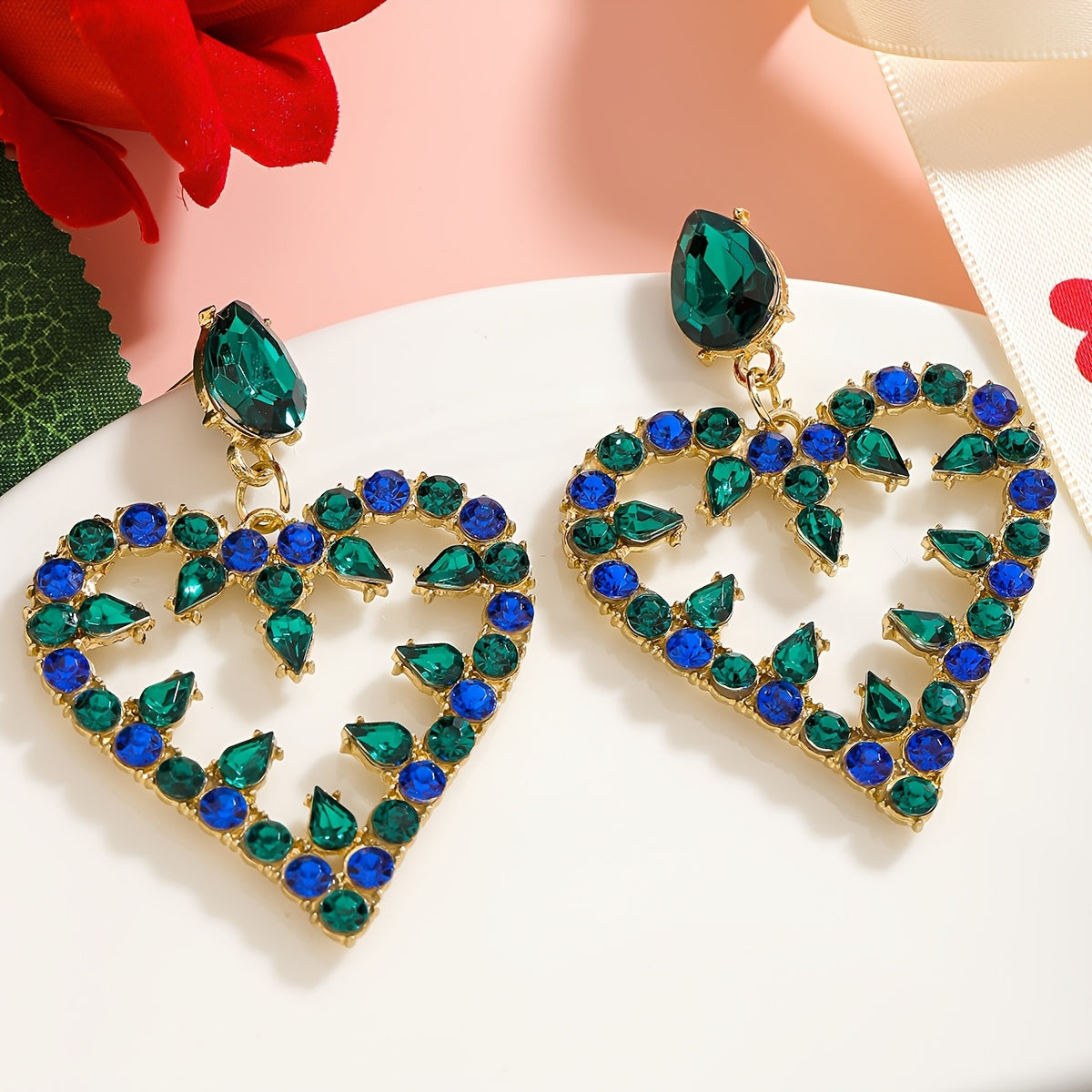 Pink and Red Heart-Shaped Rhinestone Drop Earrings for Valentine's Day Formal Occasion