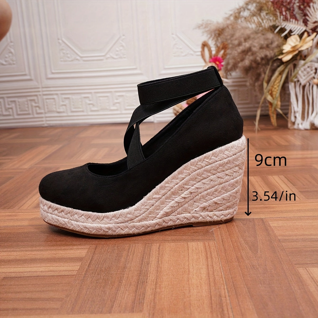 Women's Wedge Espadrilles Black Rope Sole Minimalist Ankle Strap Slip-Ons