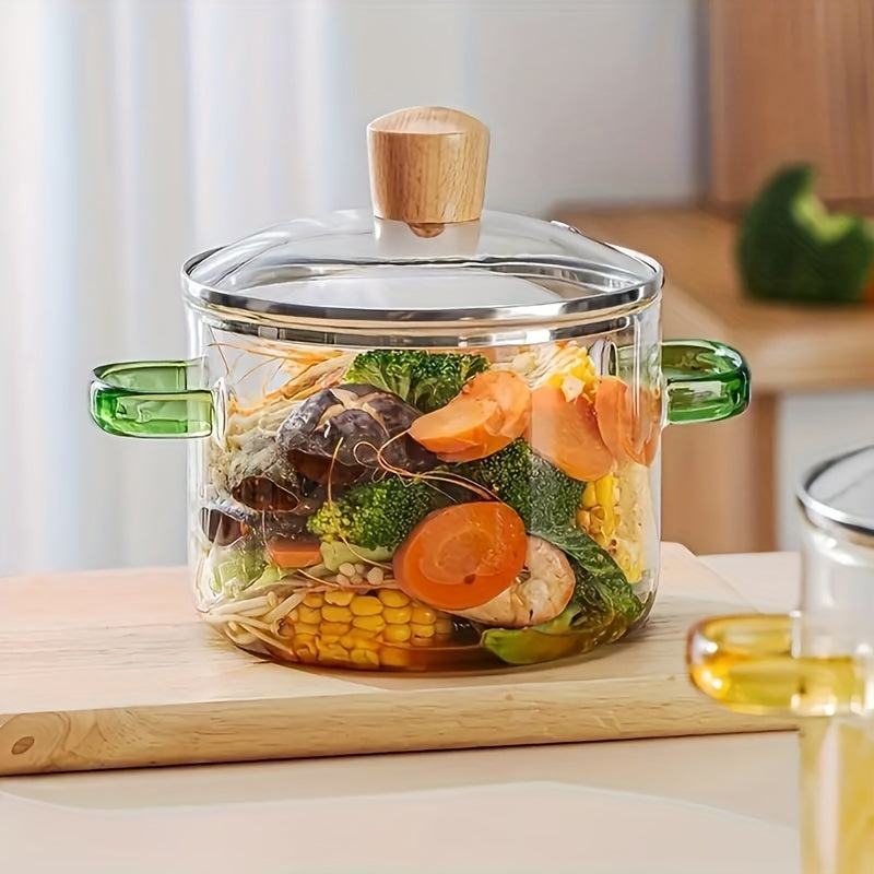 Изолированная стеклянная кастрюля для супов и салатов с двумя деревянными ручками - Идеально подходит для домашней кухни и ресторанного использования