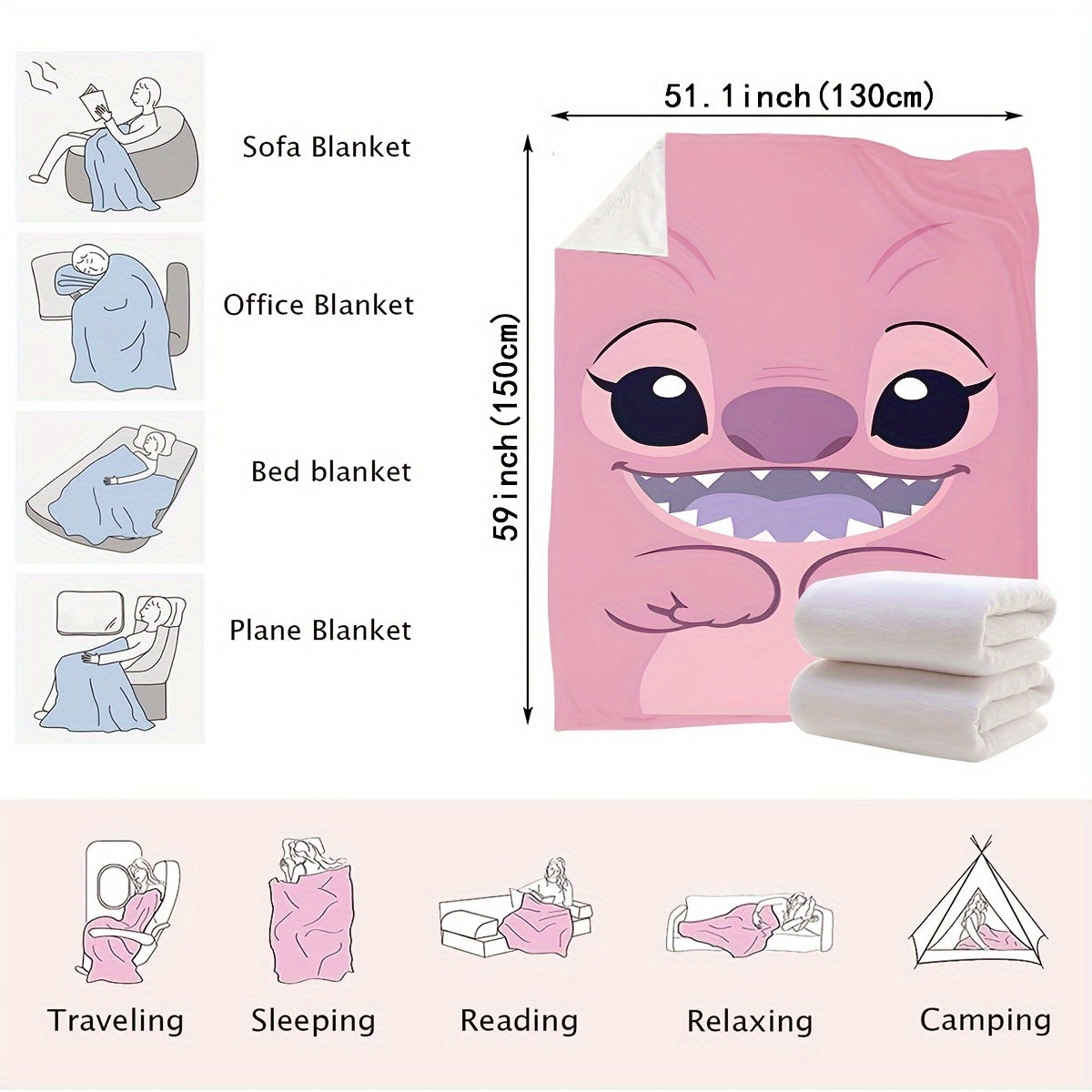 Pink Plush Throw Blanket with Cartoon Design Soft Polyester Knit for Bed Sofa Travel
