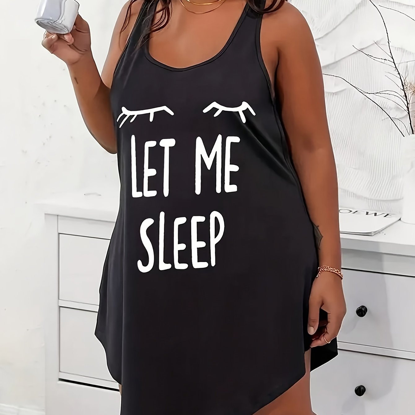 Women's Large Size Casual Pajamas with Letter Print Sleeveless Nightgown