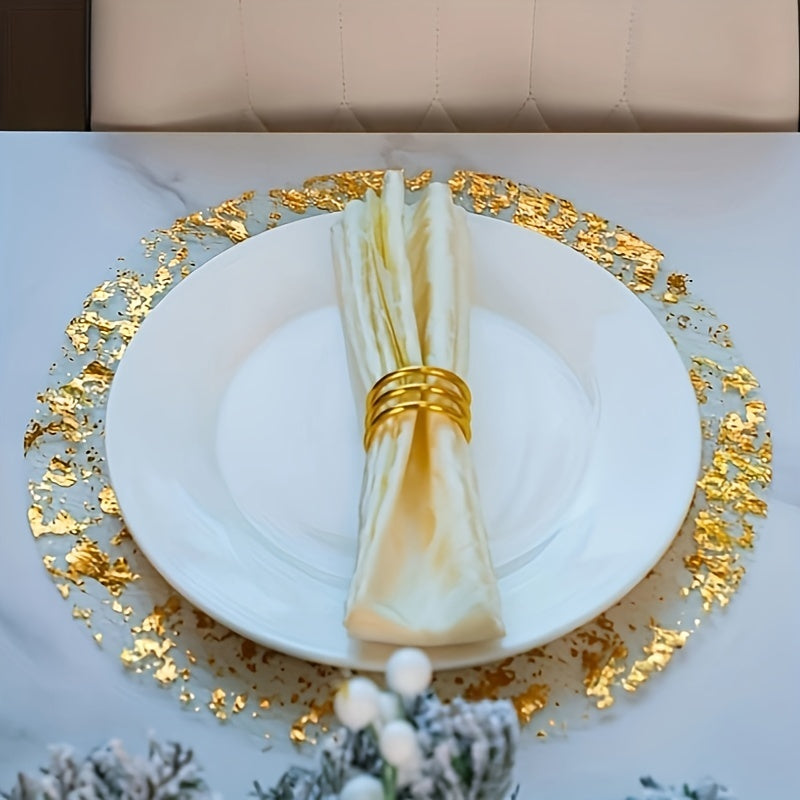 6pcs Gold Foil Round Polyester Placemats 33cm for Christmas and Special Occasions