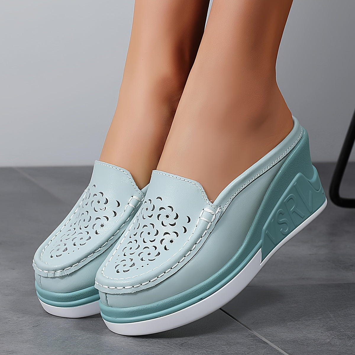 Women's Faux Leather Platform Sandals Slip-On Mules Hollow Out Casual Shoes