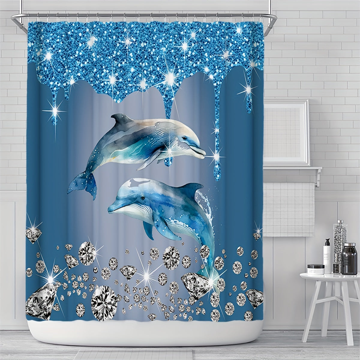 Dolphin Shower Curtain Set with Bath Mat Waterproof Polyester Ocean Theme Bathroom Decor