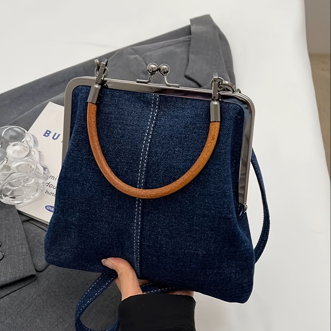 Handcrafted Denim Crossbody Bag for Women with Clasp Closure and Wooden Handle