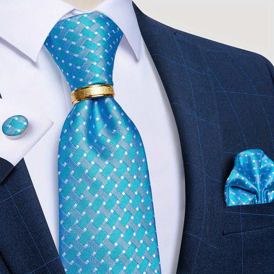Men's Tie Set with Paisley Plaid and Striped Designs Including Pocket Square Cufflinks Ring