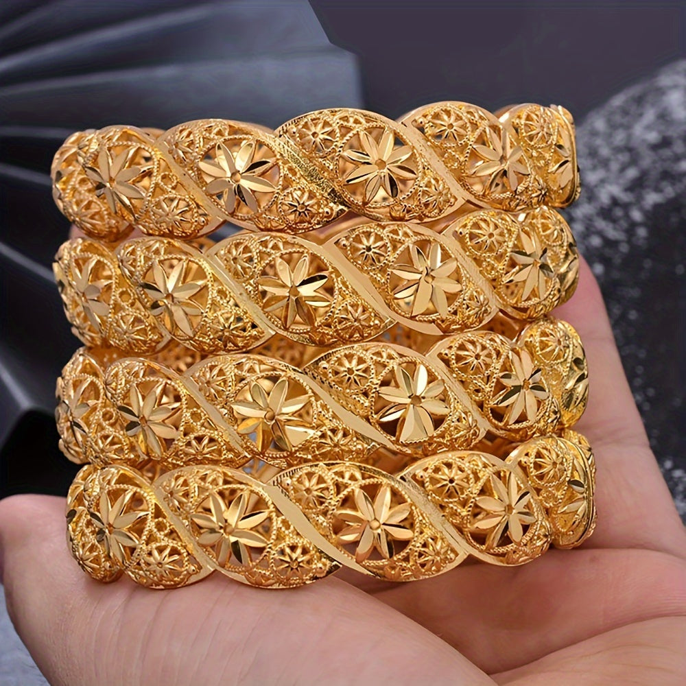 Set of 4 Gold-Plated Copper Open Cuff Bracelets for Women Adjustable Bangle Jewelry
