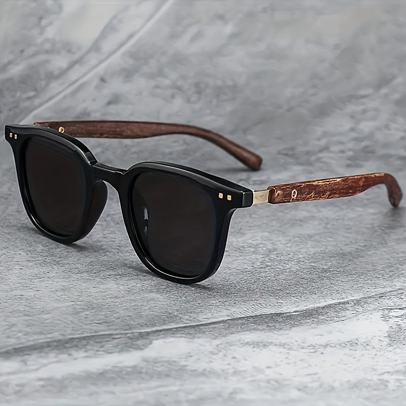 Wood Grain Accented Square Plastic Sunglasses with Anti-Reflective Lenses for Outdoor Activities and Cycling