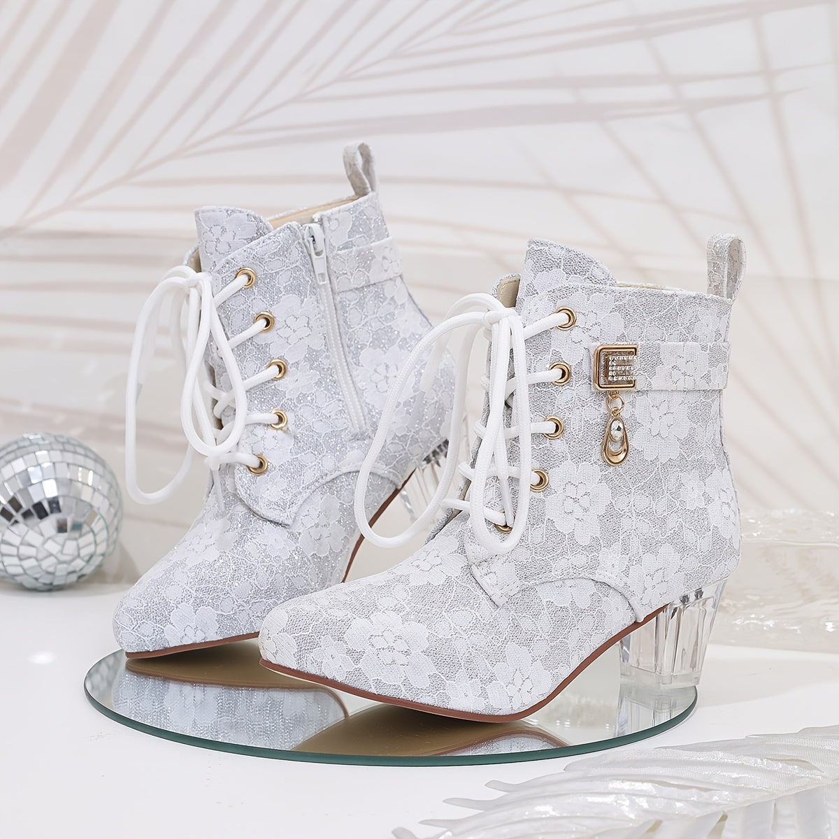 Women's Floral Lace-Up Chunky Mid-Heel Ankle Boots with Pointed Toe