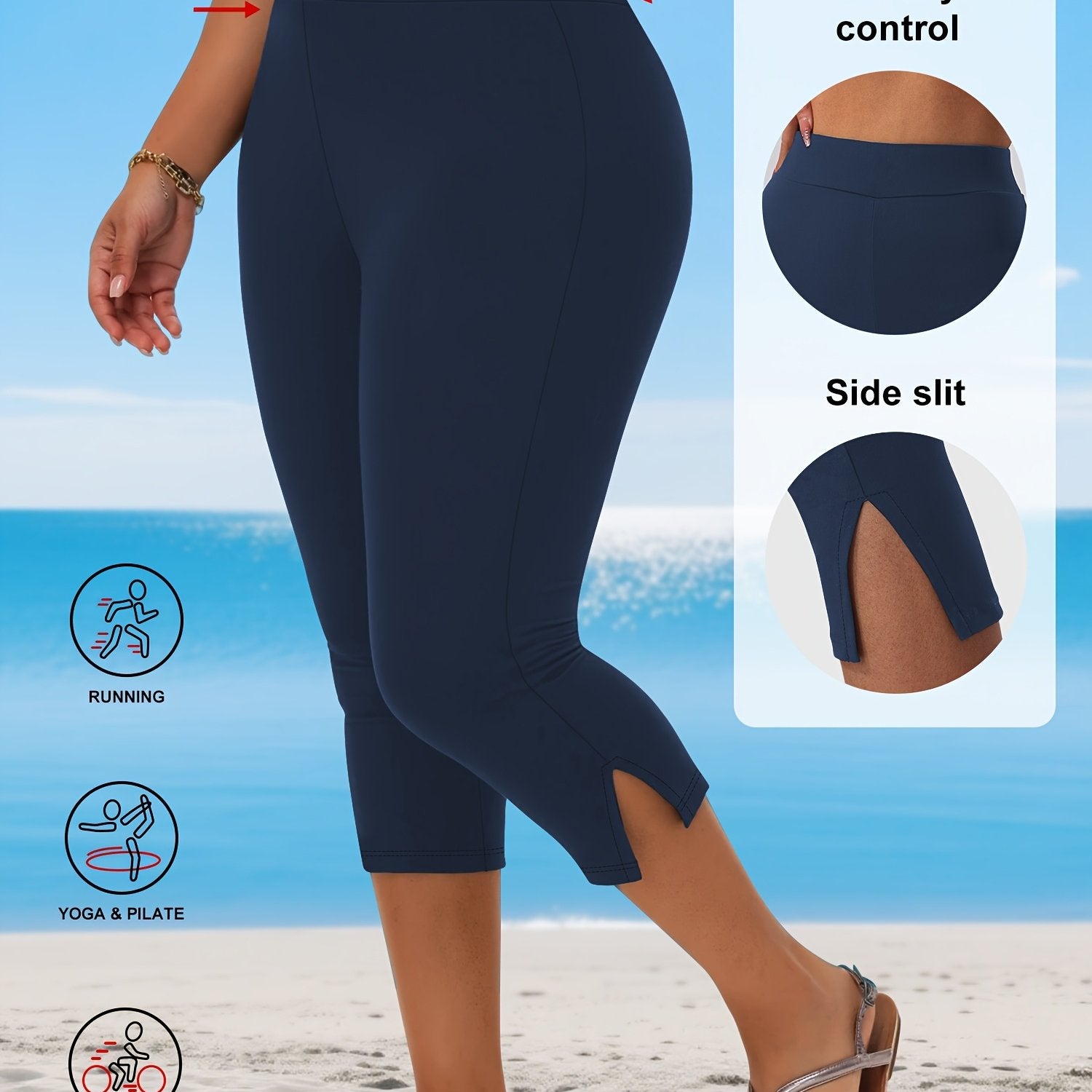 Plus Size Women's Stretchy Capri Pants with Side Slit Solid Color Breathable Fabric