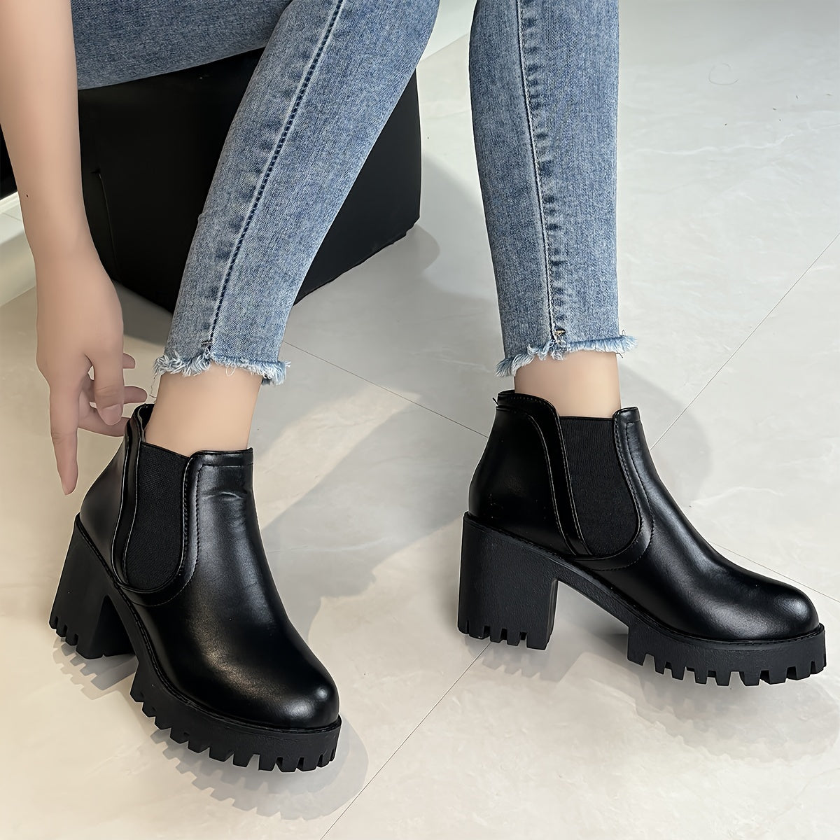 Women's Faux Cover Ankle Boots with Chunky Heel, Rubber Sole, Black