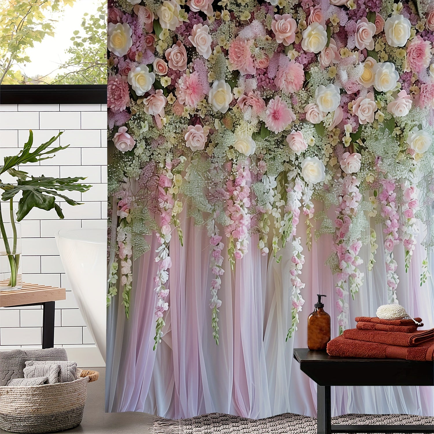 Waterproof Shower Curtain with Vintage Floral Print Water-Resistant Polyester 12 Hooks Included