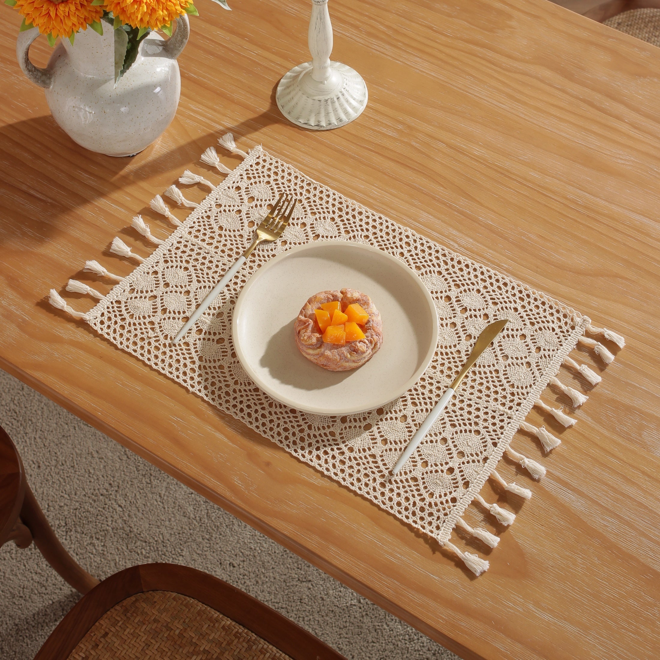 Beige Cotton Linen Crochet Table Runner with Geometric Rhombus Pattern