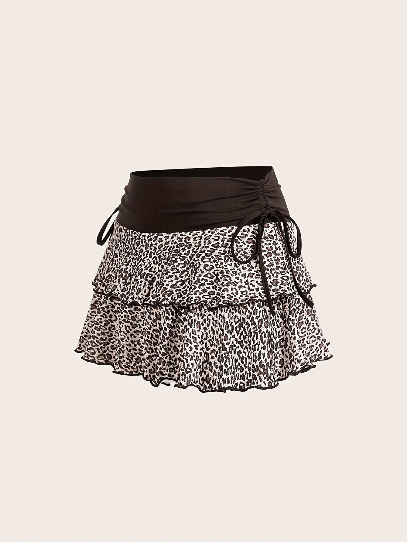 Falda de tamaño grande para mujer con estampado de leopardo, en capas con volantes, negra y blanca, de poliéster