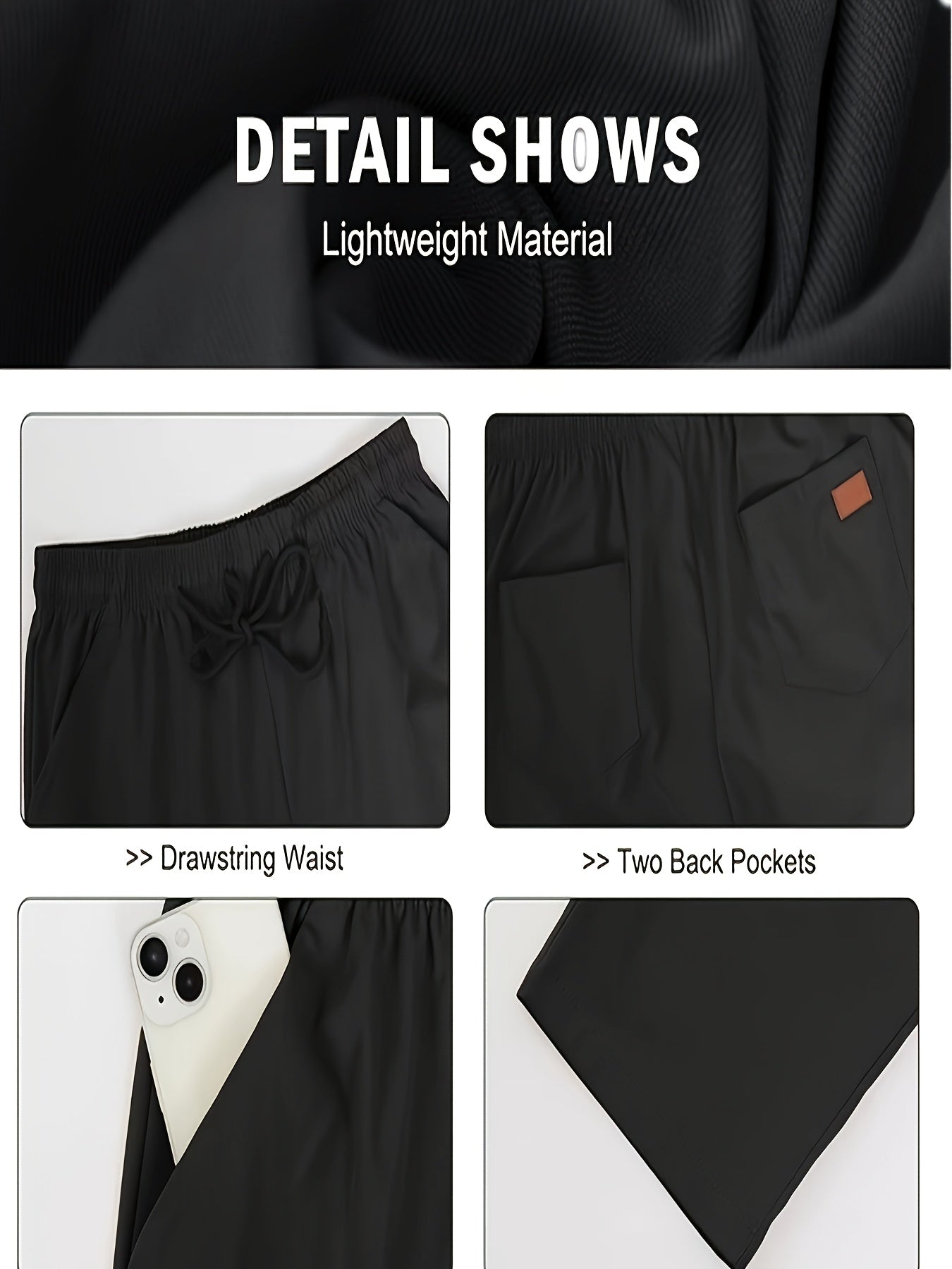 Men's Slim Fit Casual Pants with Pockets, Mid-Rise Drawstring Waist, Breathable Polyester