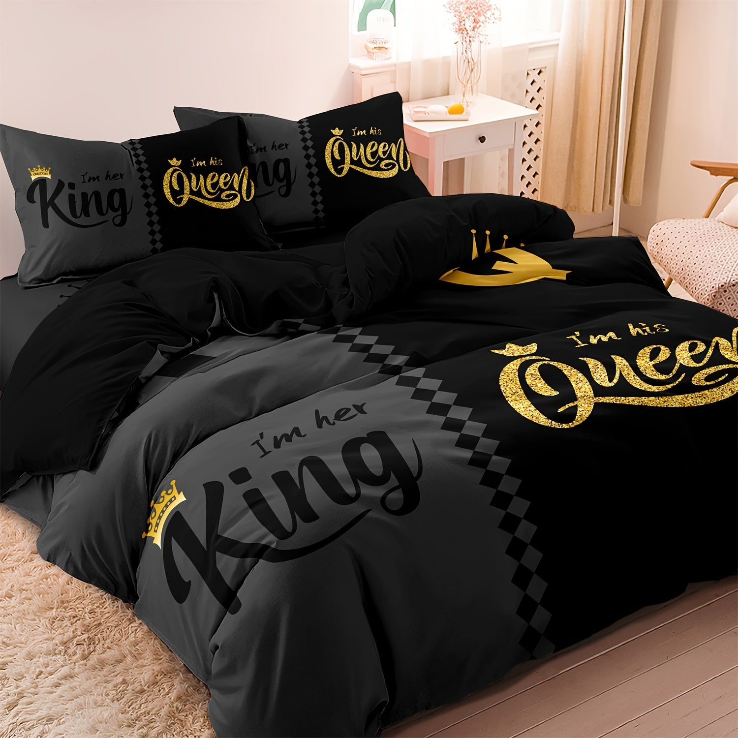 Valentine's Day Crown Duvet Cover Set Queen King 3 Piece Soft Polyester Breathable