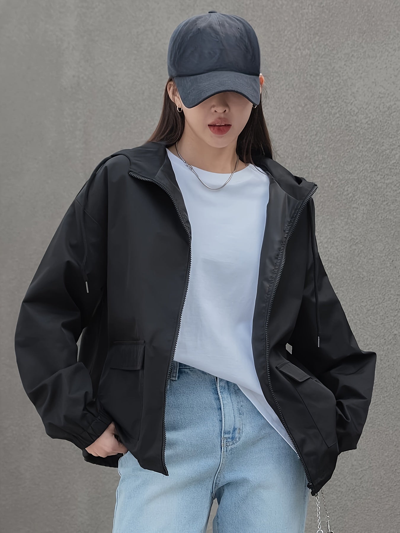 Hooded Drop Shoulder Drawstring Jacket for Women Polyester Casual Spring Fall