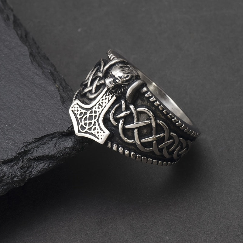 Men's Vintage Lion Head Thor's Hammer Ring Stainless Steel Amulet Jewelry