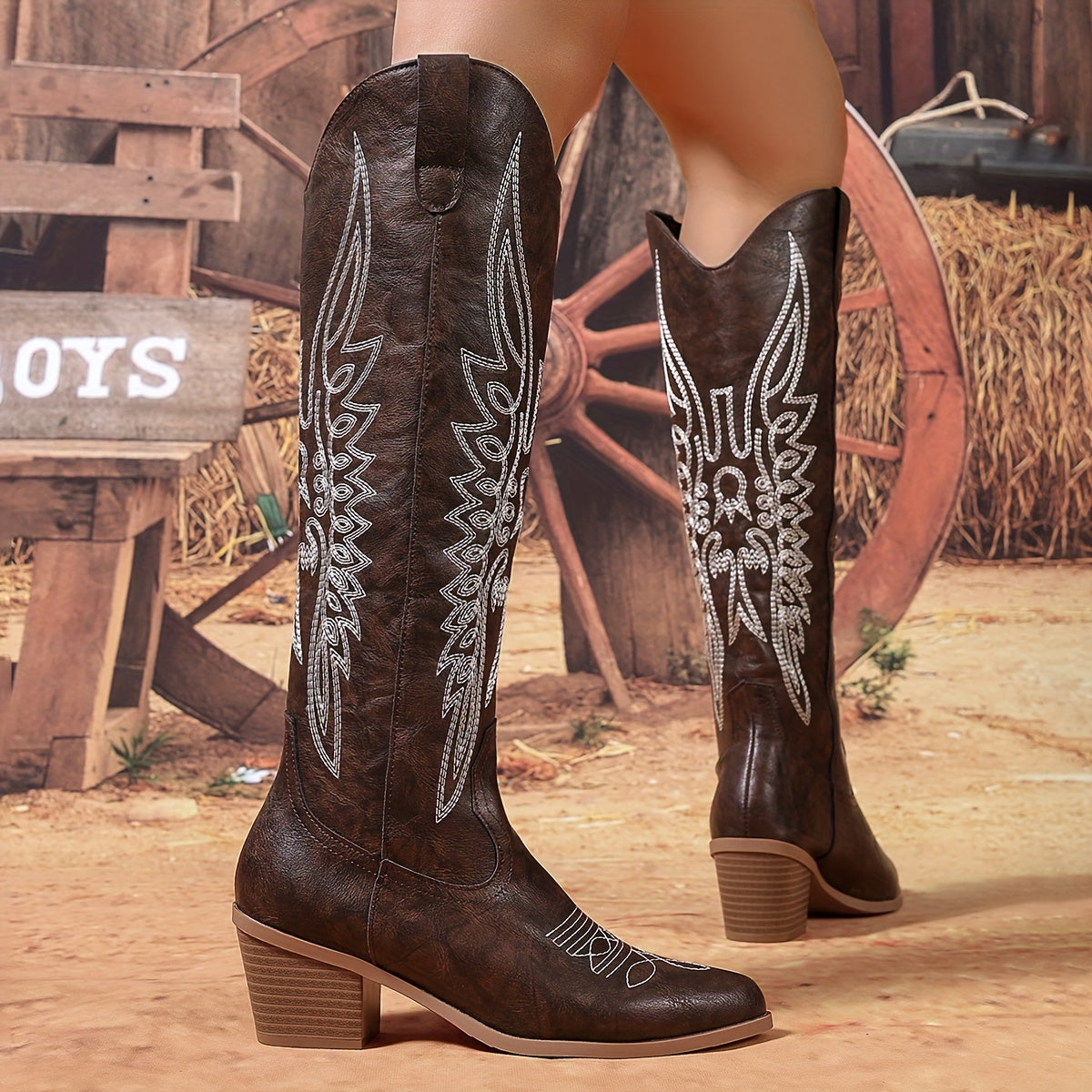 Women's Leather Chunky Heel Pointed Toe Knee-High Western Boots