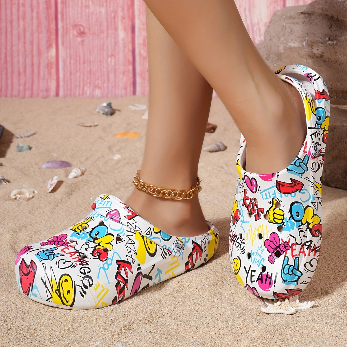 Women's Tie-Dye EVA Clogs with Pink Flamingo and Blue Bird Pattern for Beach and Casual Wear