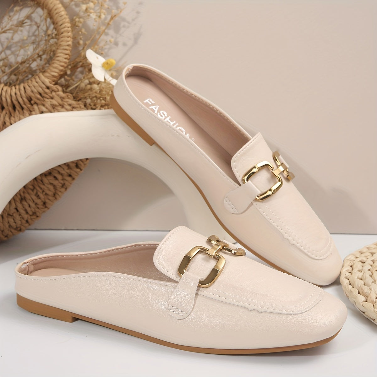 Women's Flat Mules Square Toe Metallic Buckle Slip-On Backless Outdoor Shoes