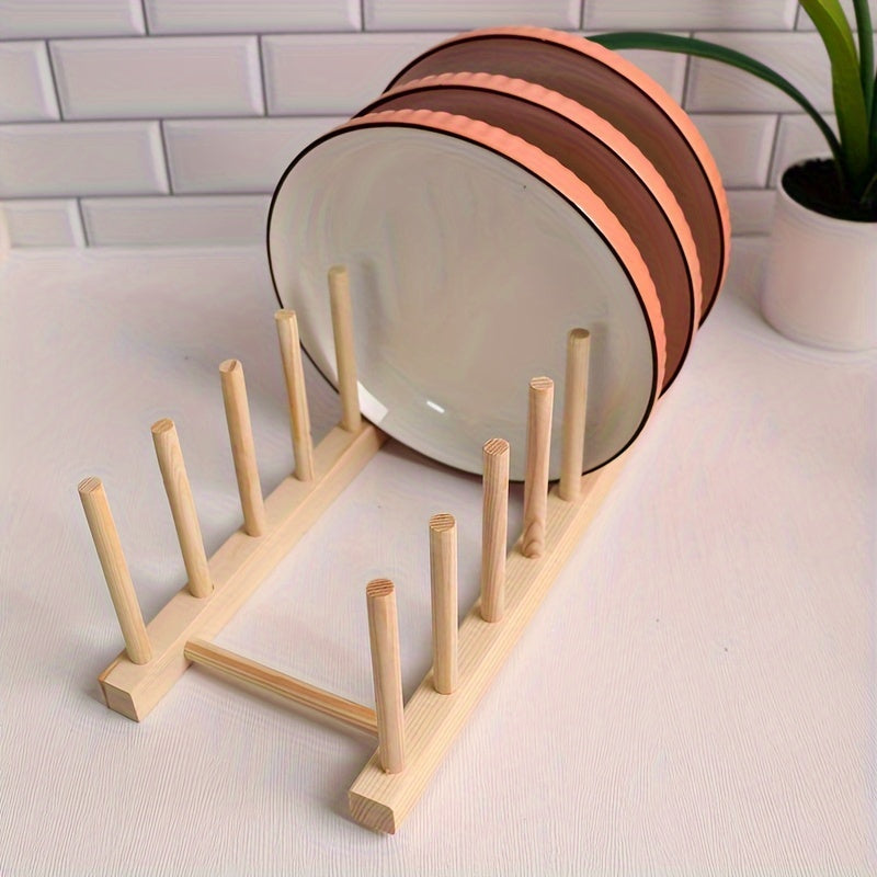 Wooden Kitchen Plate Rack Organizer for Dishes Bowls Cups and Lids