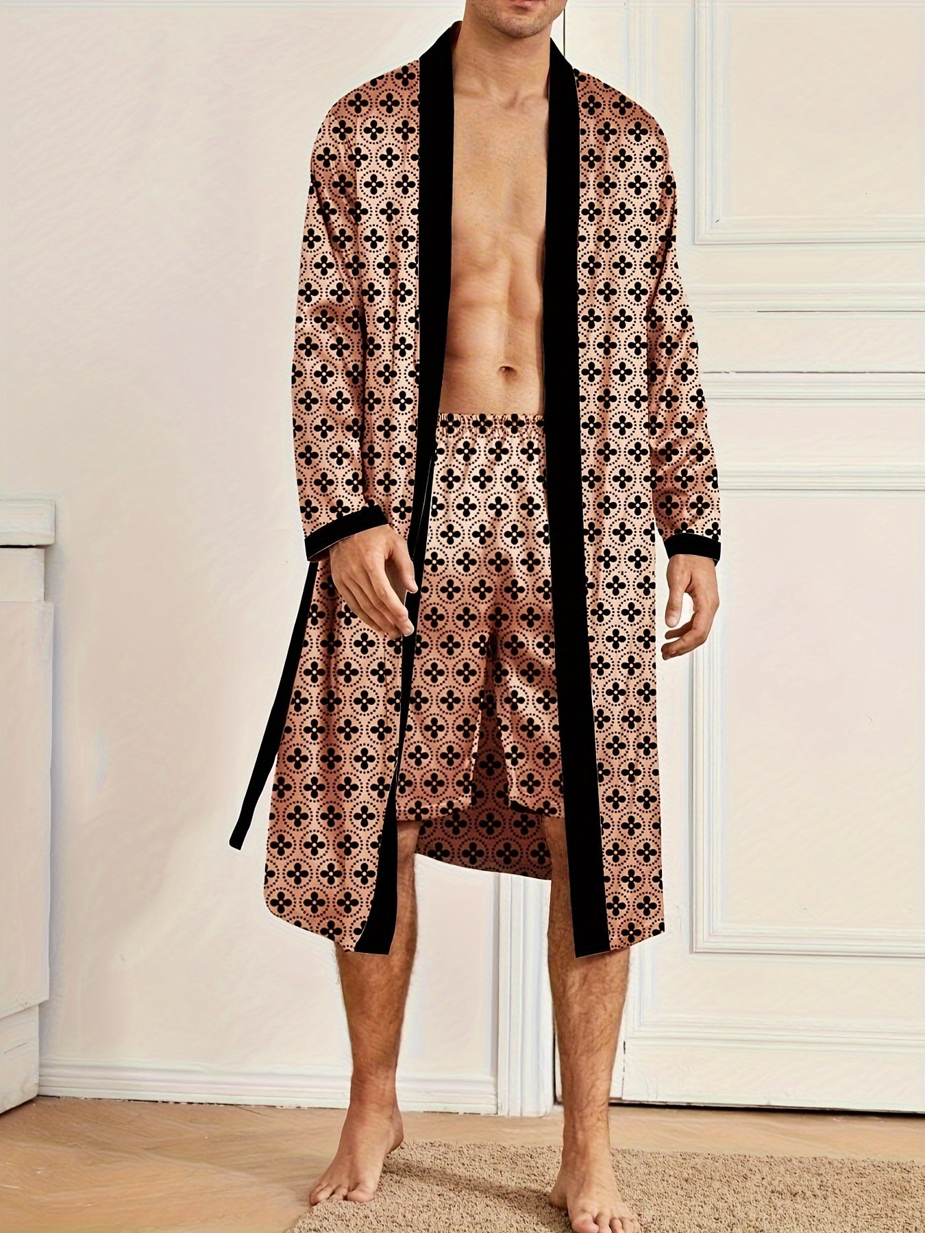 Men's Full-Print Cotton Robe Set V-Neck Tie Casual Lounge Spring Summer Fall