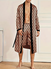 Men's Full-Print Cotton Robe Set V-Neck Tie Casual Lounge Spring Summer Fall