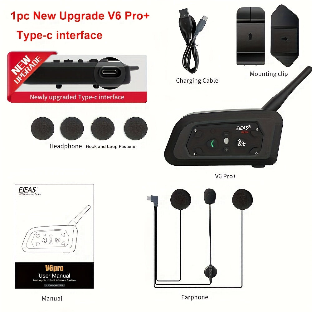 Wireless Motorcycle Helmet Intercom Headset with Noise Reduction for 6 Riders